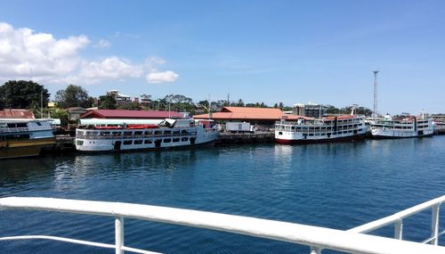 Boats moored in river