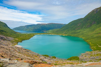 Scenic view of lake and mountains against sky