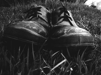 Close-up of shoes on grass