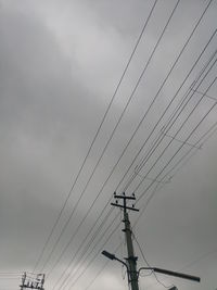 Low angle view of power lines against cloudy sky