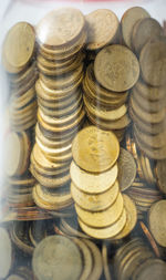 High angle view of coins