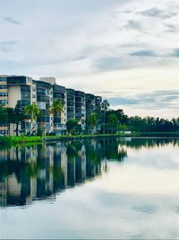 Reflection of buildings in lake against sky