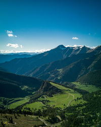 Scenic view of valley and mountains against sky