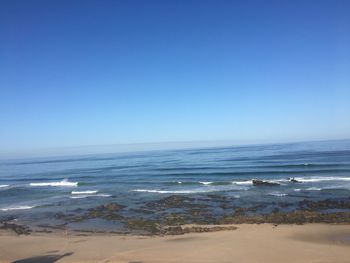 Scenic view of sea against clear blue sky