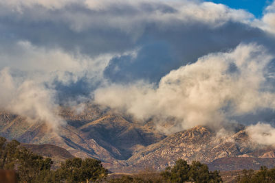 Scenic view of trees and mountains against sky