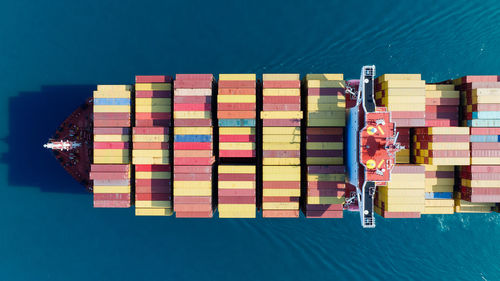 Aerial view of cargo containers loaded on ship