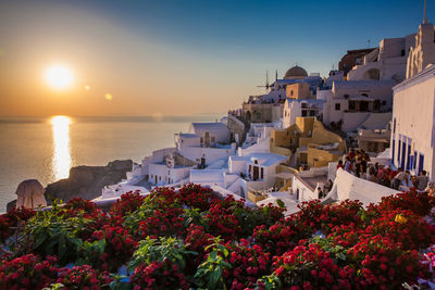 Tourists looking at the amazingly beautiful sunset at la caldera in oia city in santorini island