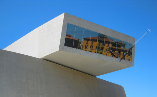 Low angle view of building against clear blue sky