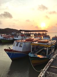 Boats in harbor at sunset