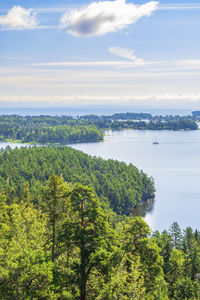 Aerial view of an archipelago with wooded islands in sweden