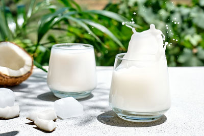 Coconut milk in glass and half of coconut on palm leaf background. vegetable milk,lactose free drink