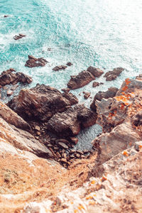 High angle view of rocks on beach