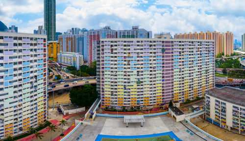 High angle view of buildings against sky