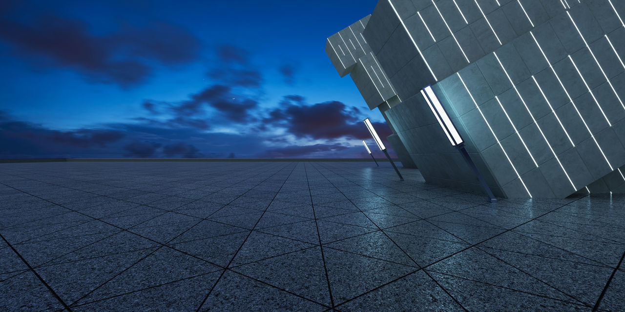 LOW ANGLE VIEW OF MODERN BUILDINGS AGAINST BLUE SKY