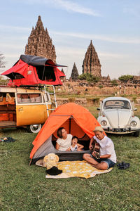 High angle view of people sitting in park