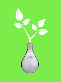 Close-up of white flower vase against green background