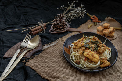 High angle view of food on table