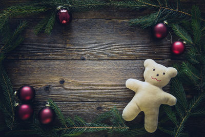 High angle view of christmas decorations on table