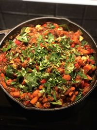 High angle view of chopped vegetables in bowl