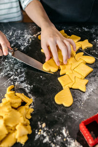 Midsection of man preparing food on table