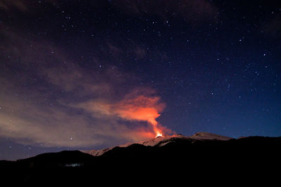 Scenic view of silhouette mountains against sky at night