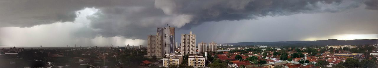 Panoramic view of city against dramatic sky