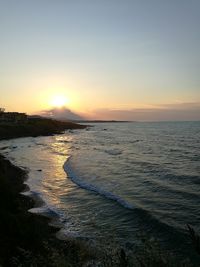 Scenic view of beach against clear sky during sunset