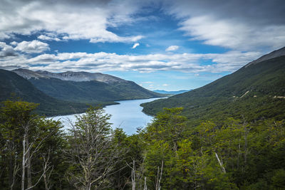 Scenic view of lake and mountains against sky