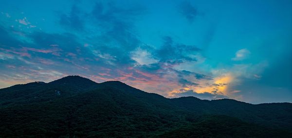 Scenic view of silhouette mountains against sky during sunset