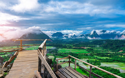 Top view of beautiful forest landscape of mist at pha namxay mountains vang vieng, laos