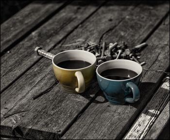 Close-up of coffee cup on wooden table