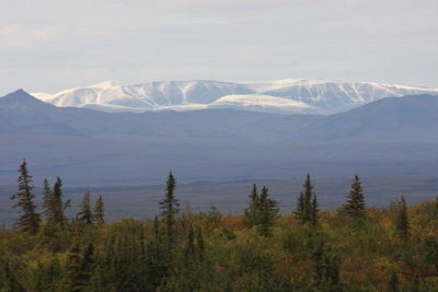 Scenic view of snowcapped mountains against sky