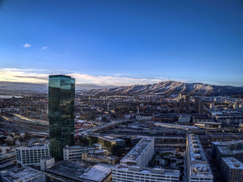 High angle view of buildings in city