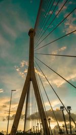 Low angle view of suspension bridge against sky