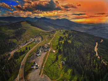 High angle view of landscape against sky during sunset