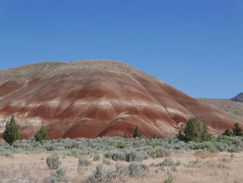 Scenic view of desert against clear blue sky