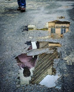 Reflection of people in puddle