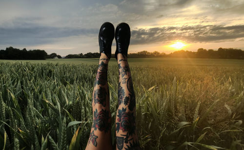 Full length of man on field against sky during sunset