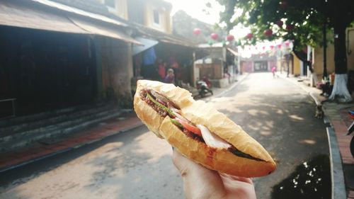 Close-up of hand holding hot dog