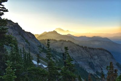 Scenic view of mountains against clear sky during sunset