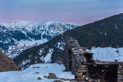 Scenic view of snow covered mountains against sky