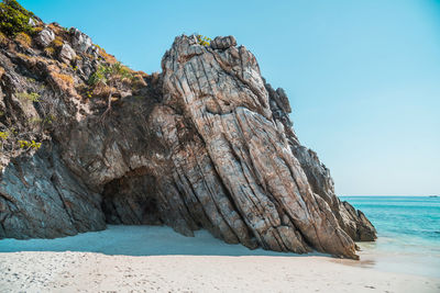 Rock formation by sea against clear blue sky