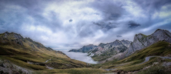 Panoramic view of landscape and mountains against sky