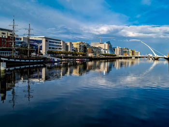 Reflection of buildings in river against sky