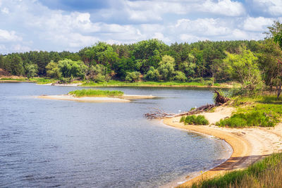 Scenic view of lake by trees against sky