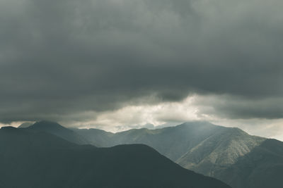 Scenic view of mountains against cloudy sky