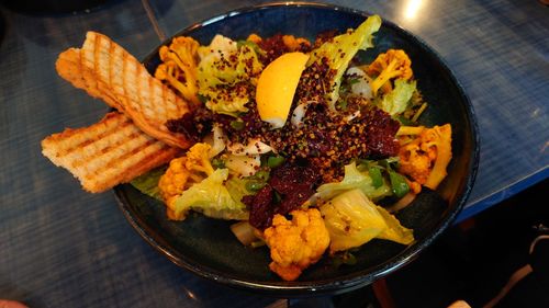 High angle view of food in plate on table