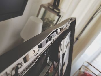 High angle view of text on shelf at home
