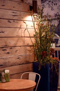 Potted plant on table against wall