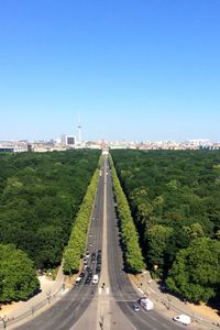 High angle view of highway in city against clear sky